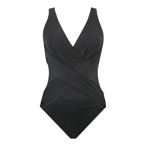 Miraclesuit NWT Crossover With Mesh One Piece Swimsuit Black Size 12 Bra Top A-D - Picture 2 of 15